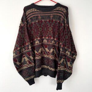 90s vintage brown abstract aztec print long sleeved slouchy knit grandpa sweater